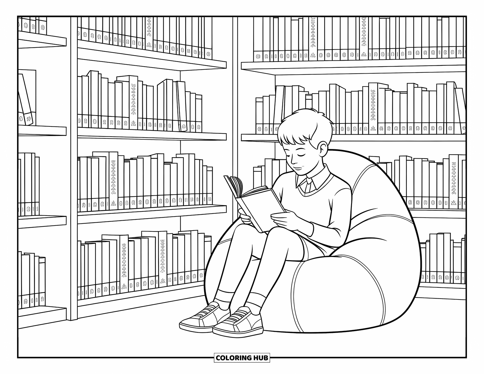 Kolorowanka szkolna dla dzieci: Uczeń siedzi na pufie i czyta w przytulnej bibliotece pełnej książek