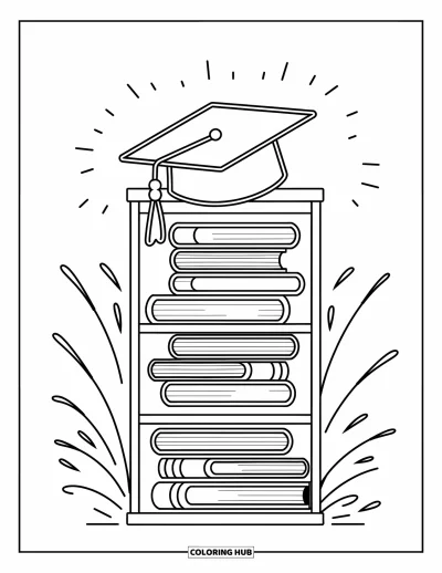 Coloriage d’école pour enfants : Une grande bibliothèque contient des manuels avec une toque de diplômé posée fièrement au sommet