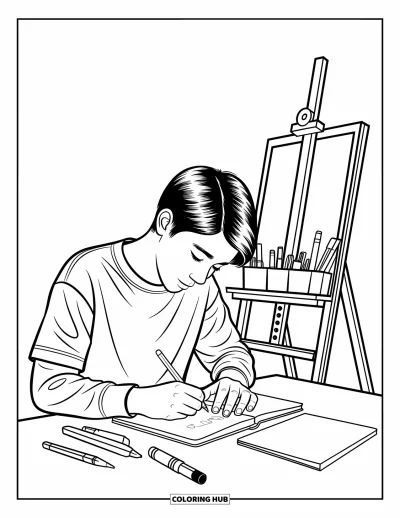 Coloriage d’école pour enfants : Un adolescent dessine dans un cahier avec un chevalet derrière lui