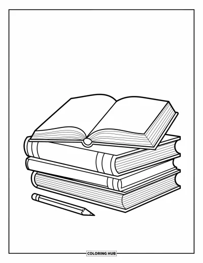 Coloriage d’école pour enfants : Un bureau bien rangé accueille des livres, un cahier ouvert et un crayon prêt à écrire