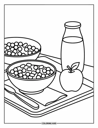 Coloriage d’école pour enfants : Un plateau de cantine contient un bol de céréales, une pomme et du lait