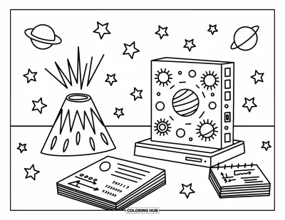 Coloriage d’école pour enfants : Un volcan, un système solaire et des notes sont posés sur une table animée de foire scientifique