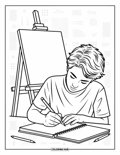 Coloriage d’école pour enfants : Un jeune artiste dessine avec un chevalet et du matériel de dessin à proximité