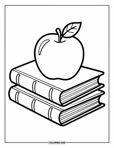 Coloriage d’école pour enfants : Une pomme repose sur des livres ouverts aux pages invitant l’imagination