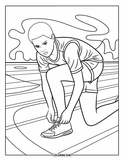 Coloriage d’école pour enfants : Un athlète accroupi sur la piste attache ses lacets avec détermination et énergie