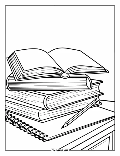 Coloriage d’école pour enfants : Des livres sont empilés sur un bureau avec un cahier et un crayon taillé posés au-dessus