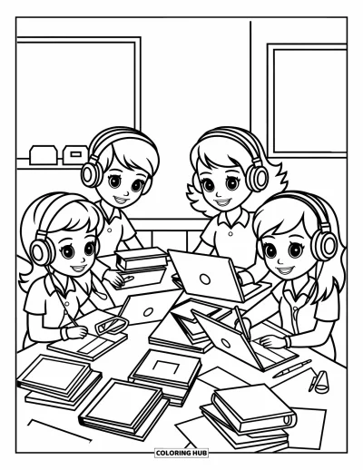 Coloriage d’école pour enfants : Quatre élèves joyeux se rassemblent autour d’une table, prêts pour une séance d’étude amusante