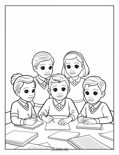 Coloriage d’école pour enfants : Quatre élèves discutent et étudient autour d’une table couverte de feuilles et d’un ordinateur portable