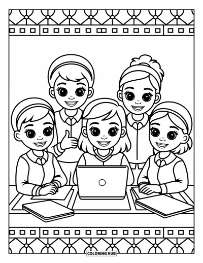Coloriage d’école pour enfants : Quatre élèves sont assis ensemble autour d’une table, entourés de feuilles et de conversations animées