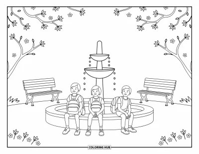 Coloriage d’école pour enfants : Des enfants assis sur des bancs près d’une fontaine profitent de la cour d’école paisible