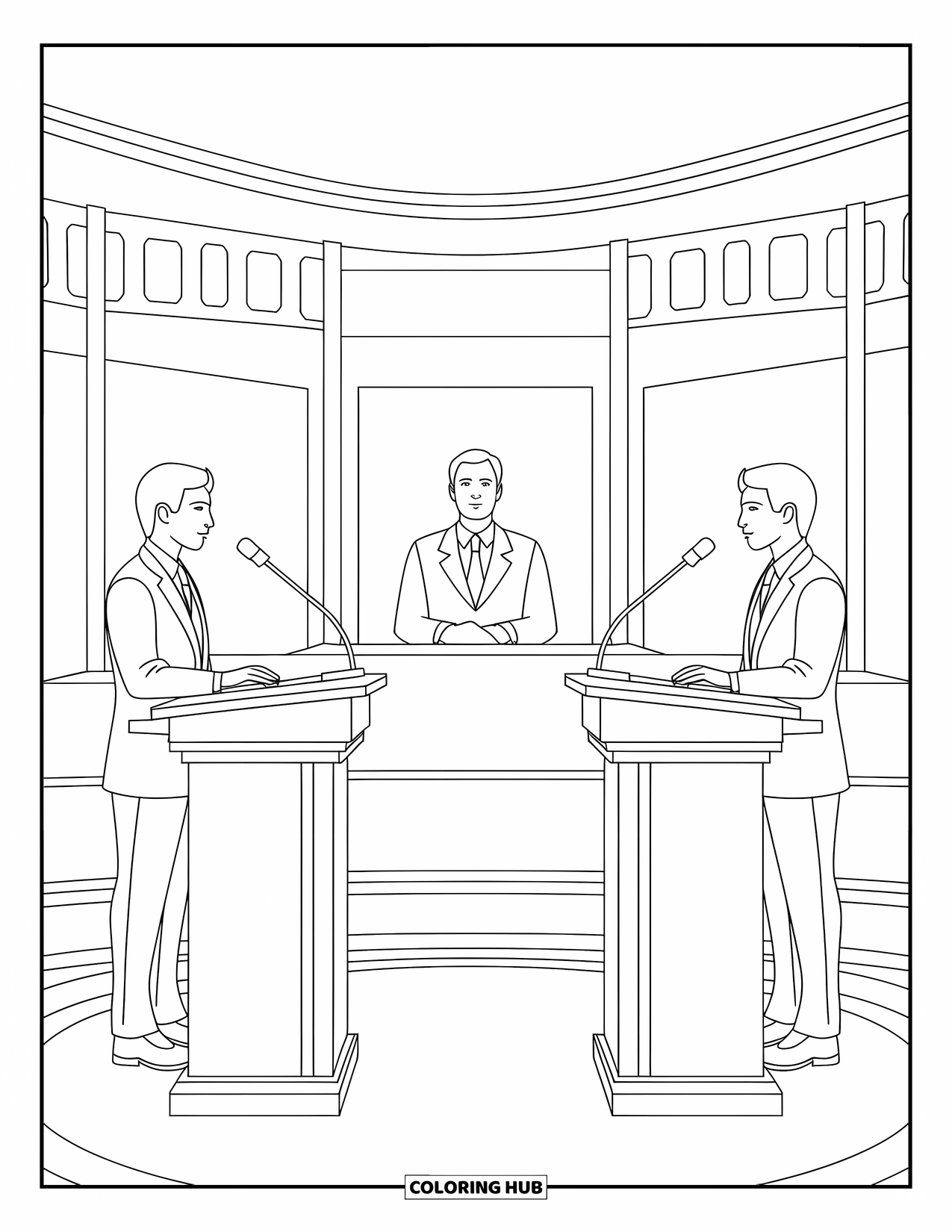 Kolorowanka szkolna dla dzieci: Uczniowie debatują przy mównicach ze skupionym sędzią siedzącym między nimi