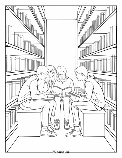 Coloriage d’école pour enfants : Trois élèves concentrés se penchent sur des livres dans un coin de bibliothèque chaleureux
