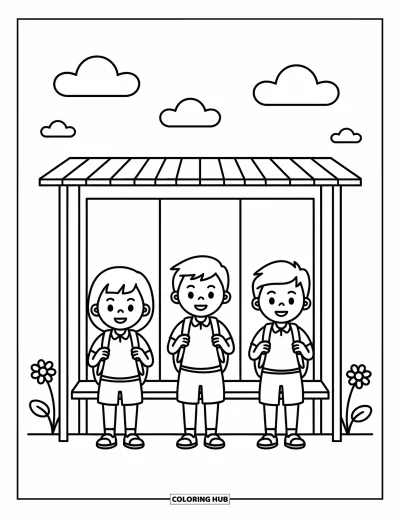 Coloriage d’école pour enfants : Trois élèves heureux attendent à un arrêt de bus avec des fleurs et des nuages ludiques au-dessus