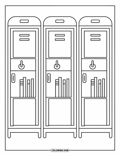 Coloriage d’école pour enfants : Trois casiers sont alignés, portes ouvertes, avec crochets et livres à l’intérieur