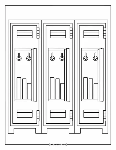 Coloriage d’école pour enfants : Trois casiers simples, portes ouvertes, avec des livres posés sur les étagères