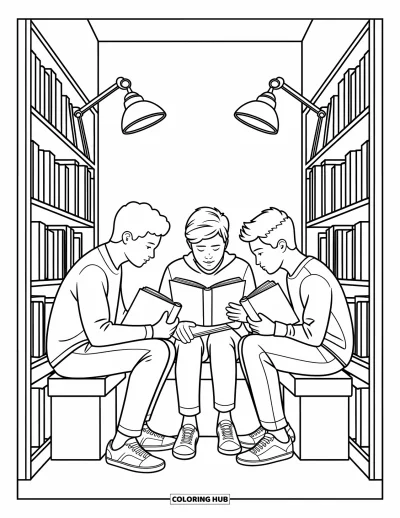 Coloriage d’école pour enfants : Trois élèves partagent une alcôve d’étude dans une bibliothèque, entourés d’étagères et de cahiers
