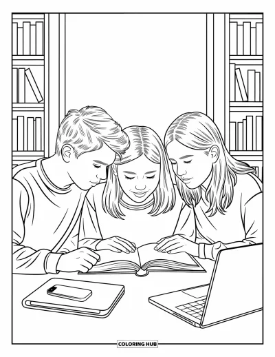 Coloriage d’école pour enfants : Trois élèves étudient ensemble dans une alcôve de bibliothèque chaleureuse, entourés de livres et d’ordinateurs portables