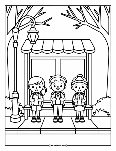 Coloriage d’école pour enfants : Trois élèves avec leurs sacs à dos attendent à un arrêt de bus chaleureux avec un banc et un lampadaire