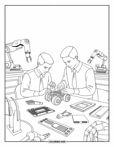 Coloriage d’école pour enfants : Deux élèves construisent un robot entourés de gadgets et de pièces futuristes
