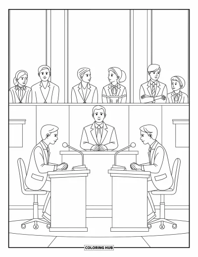Coloriage d’école pour enfants : Deux élèves s’affrontent dans un débat pendant qu’un juge observe attentivement