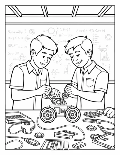 Coloriage d’école pour enfants : Deux élèves travaillent ensemble à construire un robot avec enthousiasme et concentration