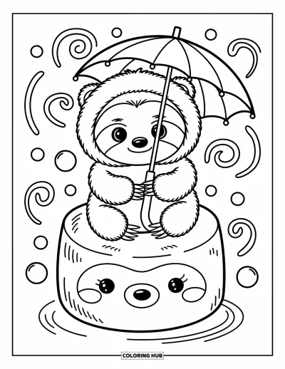 Coloriage de paresseux pour adultes : Un bébé paresseux est assis sur une guimauve moelleuse en tenant un petit parapluie, entouré de formes de bonbons