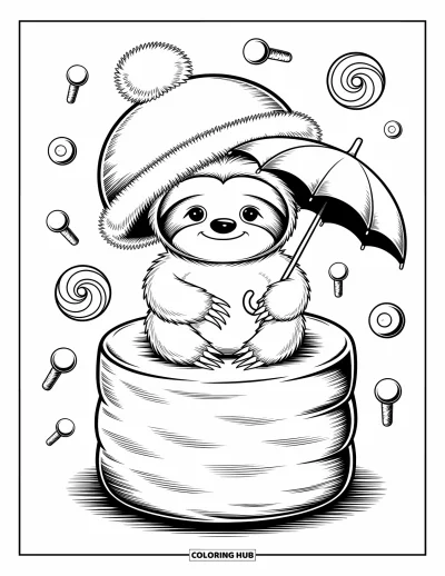 Coloriage de paresseux pour adultes : Un bébé paresseux avec un grand chapeau se repose sur une guimauve, entouré de formes sucrées