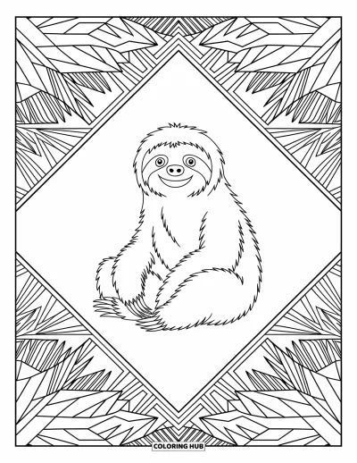 Coloriage de paresseux pour adultes : Un paresseux calme se repose dans une bordure géométrique entourée de feuillages et de formes détaillées