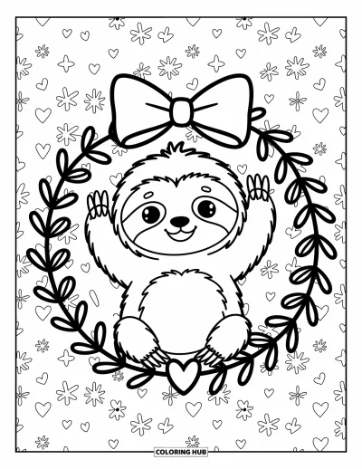Coloriage de paresseux pour adultes : Un paresseux joyeux tient un grand nœud et salue depuis une couronne de fleurs et de cœurs