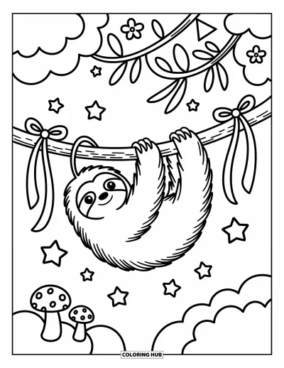 Coloriage de paresseux pour adultes : Un paresseux joyeux se balance sur une branche avec des rubans, des fleurs et de petits nuages fantaisie