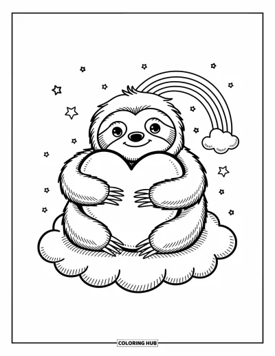 Coloriage de paresseux pour adultes : Un paresseux potelé serre un coussin en forme de cœur sur un nuage avec de petites étoiles et un arc-en-ciel derrière