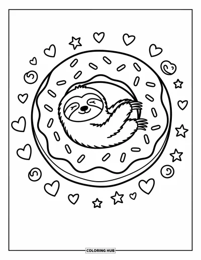 Coloriage de paresseux pour adultes : Un paresseux satisfait se prélasse sur un donut aux vermicelles, entouré de petits cœurs et d’étoiles