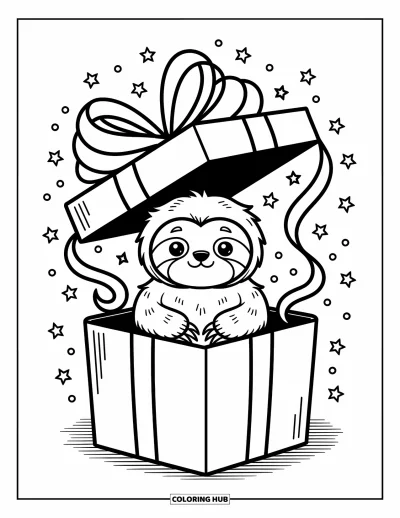 Coloriage de paresseux pour adultes : Un paresseux douillet est assis dans une boîte-cadeau avec des rubans ondulants et des étoiles éparpillées autour
