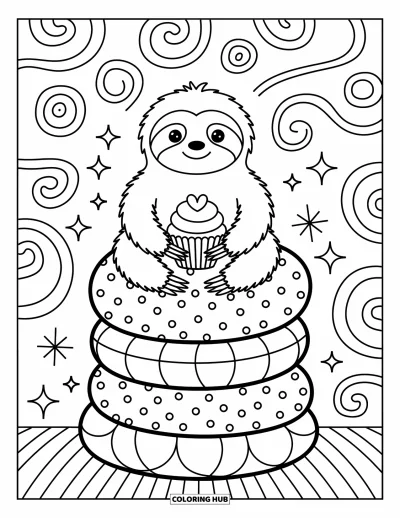 Coloriage de paresseux pour adultes : Un paresseux douillet est assis sur des coussins moelleux, tenant un cupcake avec des volutes et des étincelles autour