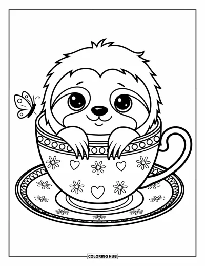 Coloriage de paresseux pour adultes : Un paresseux curieux passe la tête hors d’une tasse à thé avec des fleurs, des cœurs et un papillon sur le bord