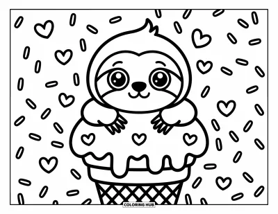 Coloriage de paresseux pour adultes : Un adorable paresseux se cache derrière un gros cornet de glace avec des nœuds flottants et des bulles en forme de cœur