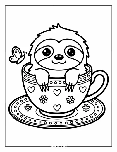 Coloriage de paresseux pour adultes : Un adorable paresseux passe la tête hors d’une tasse à thé sur une soucoupe avec un papillon et des décorations en forme de cœur