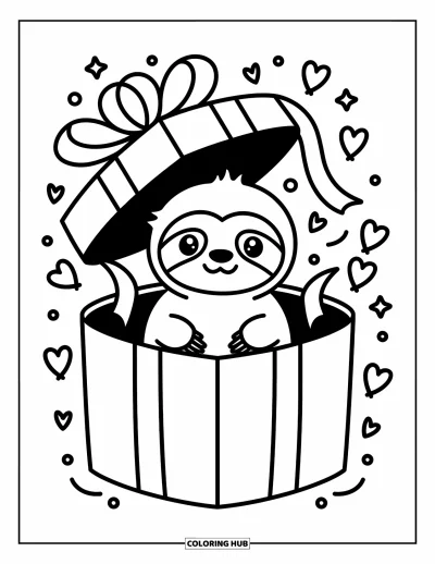 Coloriage de paresseux pour adultes : Un adorable paresseux est assis dans une boîte-cadeau entourée de rubans, de petites étoiles et de ballons