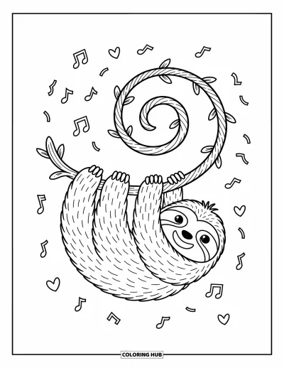 Coloriage de paresseux pour adultes : Un adorable paresseux se balance à une liane en forme de cœur, entouré de notes et de confettis