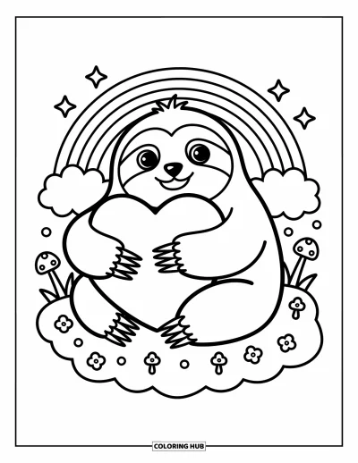 Coloriage de paresseux pour adultes : Un paresseux amical serre un coussin en forme de cœur sur un nuage, entouré d’étoiles, de champignons et de fleurs