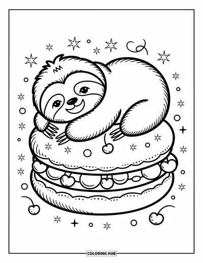 Coloriage de paresseux pour adultes : Un paresseux doux se détend sur un macaron géant entouré d’étoiles et de petites cerises