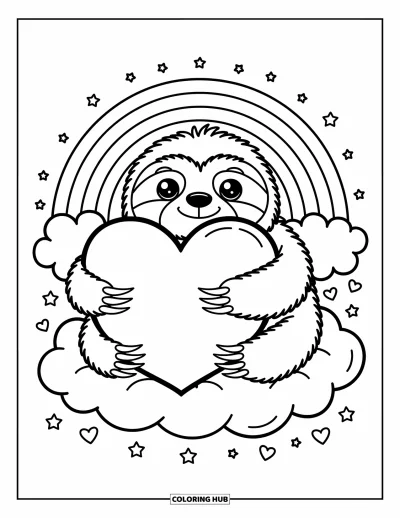 Coloriage de paresseux pour adultes : Un paresseux heureux serre un coussin en forme de cœur sur un nuage, avec des étoiles, des fleurs et un arc-en-ciel au-dessus