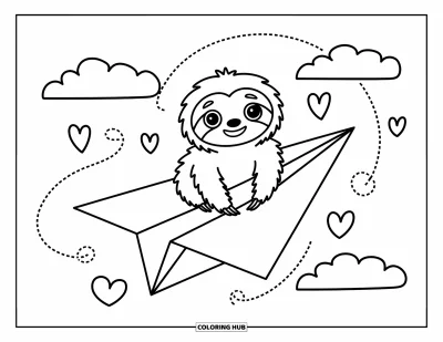Coloriage de paresseux pour adultes : Un paresseux heureux chevauche un avion en papier avec des volutes, des nuages moelleux et de petits cœurs