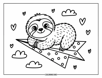 Coloriage de paresseux pour adultes : Un paresseux heureux sourit sur un grand avion en papier avec des nuages gonflés et des cœurs autour