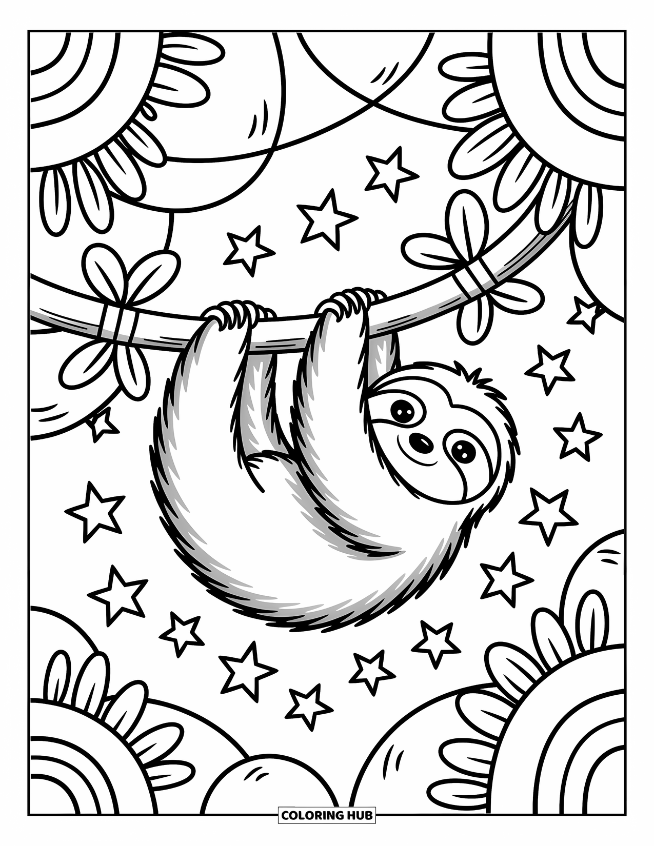 Desenho de preguiça para colorir para adultos: Uma preguiça feliz balança em um galho de árvore com fitas, flores e estrelas flutuantes