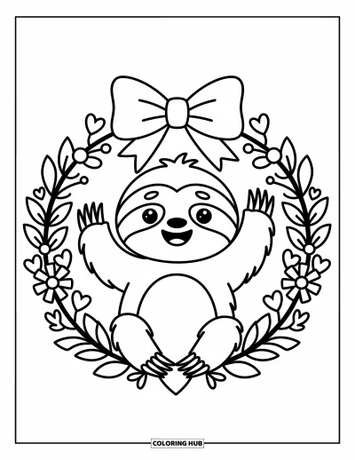 Coloriage de paresseux pour adultes : Un paresseux heureux fait signe depuis une couronne remplie de fleurs, de feuilles et de petits cœurs