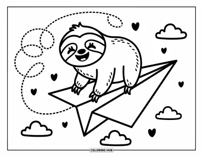 Coloriage de paresseux pour adultes : Un paresseux plein de joie monte sur un avion en papier entouré de nuages, de cœurs et de volutes ludiques