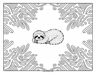 Coloriage de paresseux pour adultes : Un paresseux paisible se repose au centre de motifs de jungle détaillés et de dessins feuillus