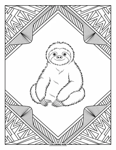 Coloriage de paresseux pour adultes : Un paresseux paisible est assis dans une bordure géométrique de jungle remplie de motifs complexes