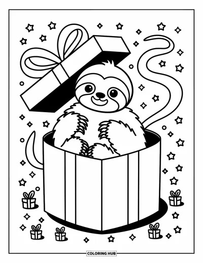 Coloriage de paresseux pour adultes : Un paresseux joueur se blottit dans une boîte-cadeau pendant que rubans, étoiles et confettis flottent autour